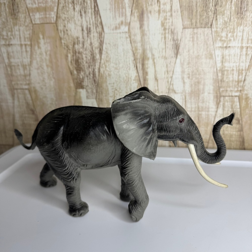 Vintage PVC Elephant Figurine Toy Safari Animal Gray Tusks Realistic Detail